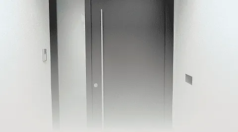 Haustür mit Griff in einem schmalen Flur mit weißer Wand und Lichtschalter.